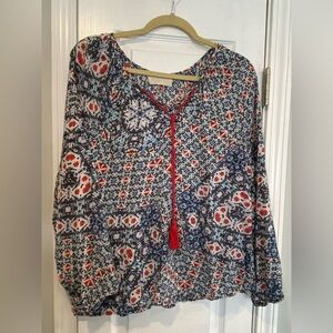 Love Sam Anthropologie Blue Geometric Print Soft Tasseled Peasant Top Size S